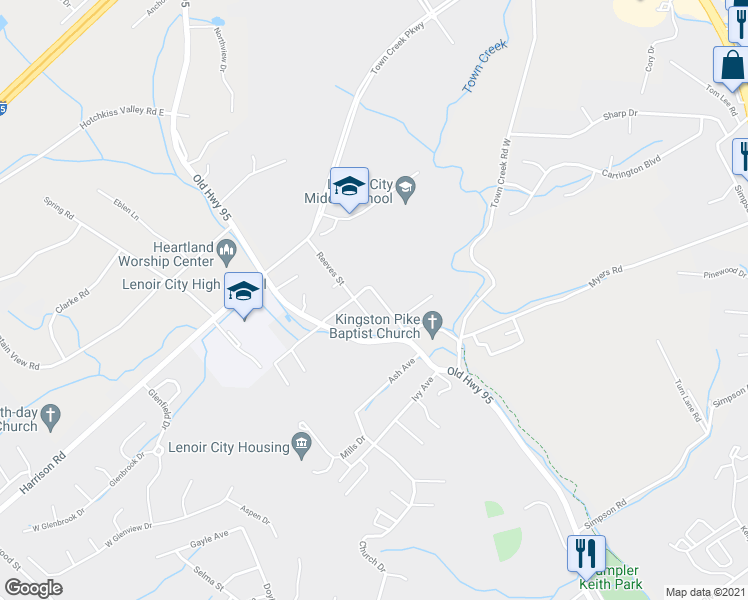 map of restaurants, bars, coffee shops, grocery stores, and more near 509 Reeves Street in Lenoir City