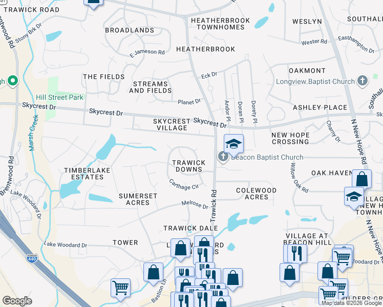 map of restaurants, bars, coffee shops, grocery stores, and more near 2316 Carthage Circle in Raleigh