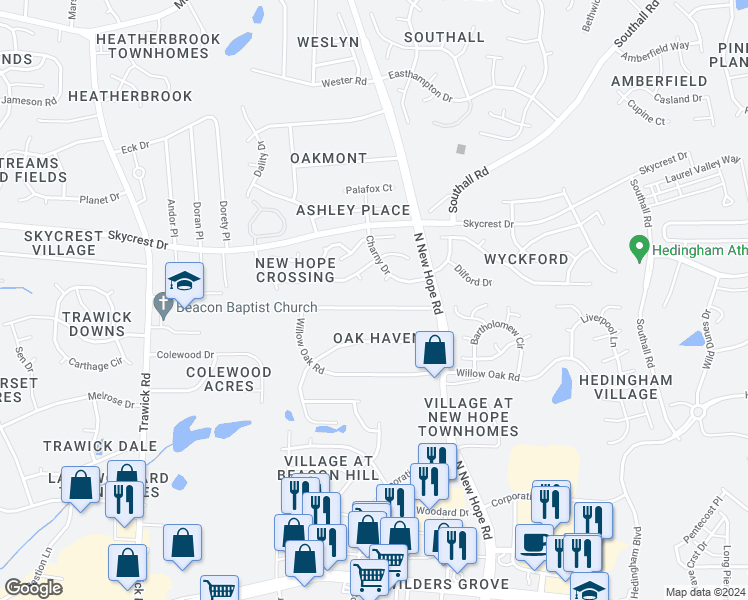 map of restaurants, bars, coffee shops, grocery stores, and more near 4109 Live Oak Road in Raleigh