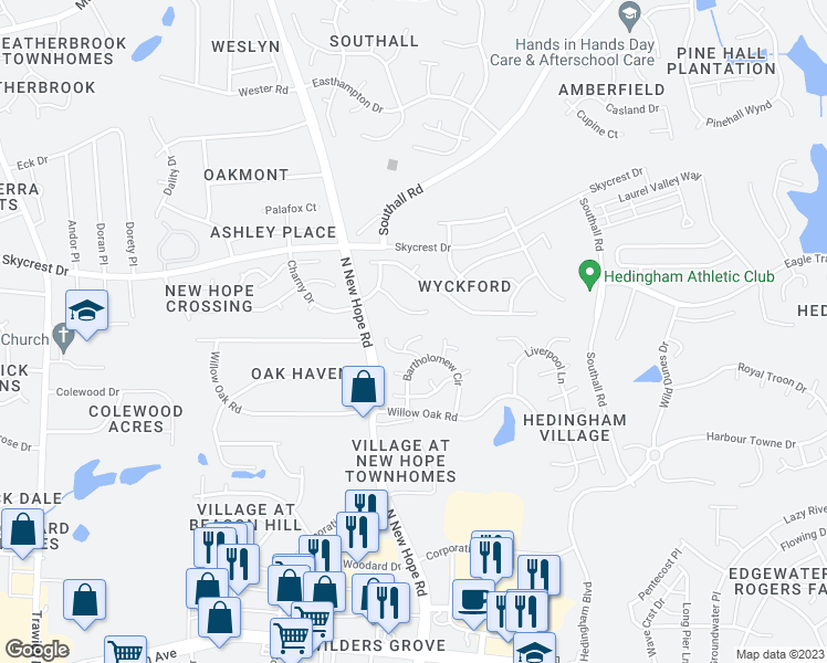 map of restaurants, bars, coffee shops, grocery stores, and more near 4417 Inez Court in Raleigh
