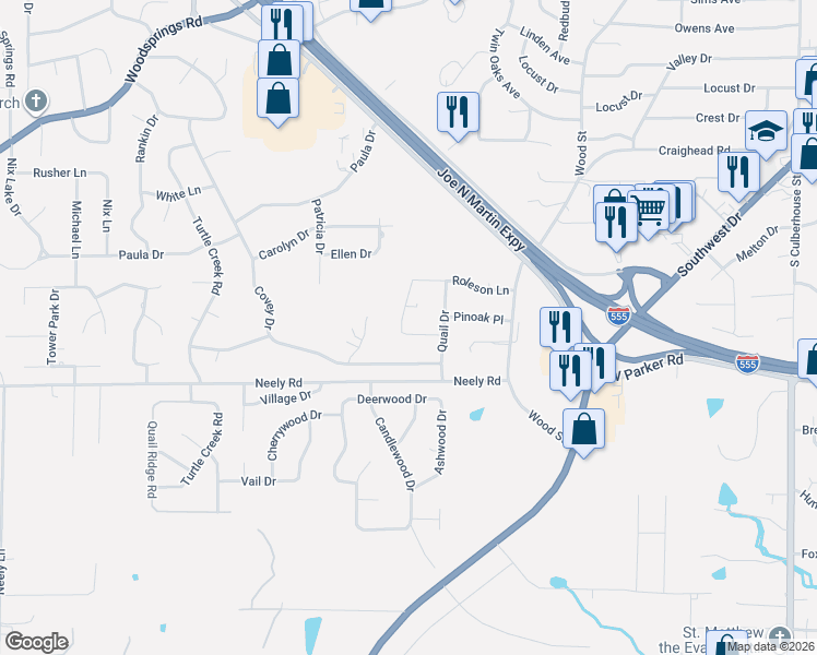 map of restaurants, bars, coffee shops, grocery stores, and more near 1712 Covey Drive in Jonesboro
