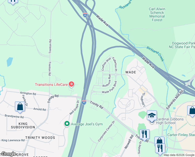 map of restaurants, bars, coffee shops, grocery stores, and more near 1301 Rodessa Run in Raleigh