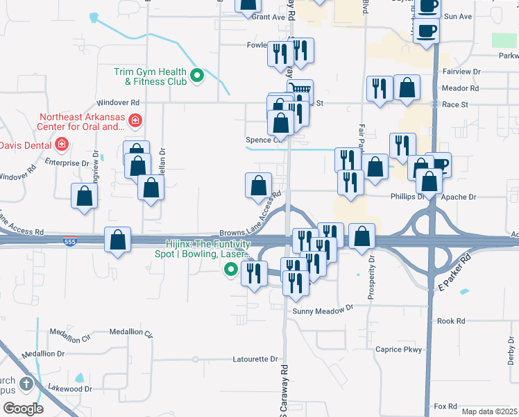 map of restaurants, bars, coffee shops, grocery stores, and more near 2929 South Caraway Road in Jonesboro