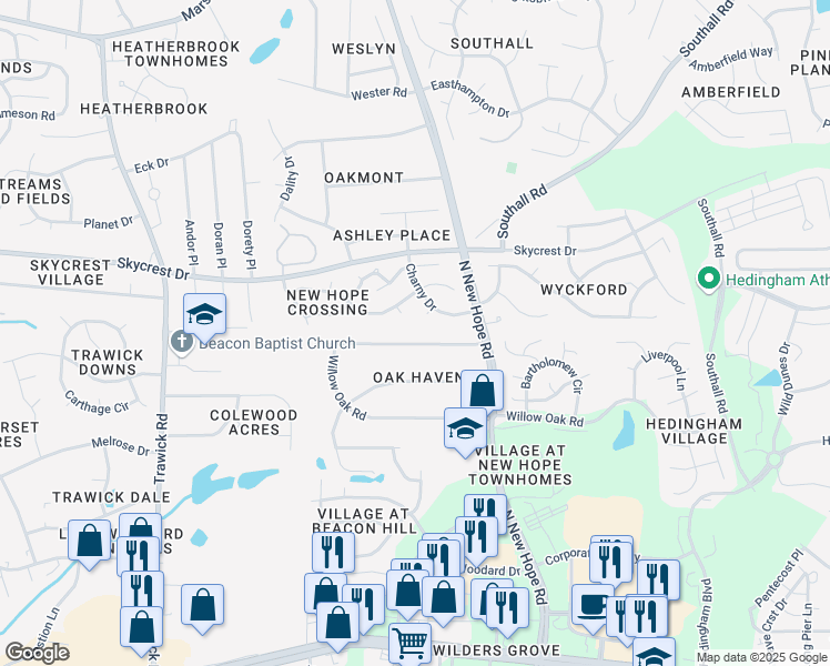 map of restaurants, bars, coffee shops, grocery stores, and more near 4109 Live Oak Road in Raleigh