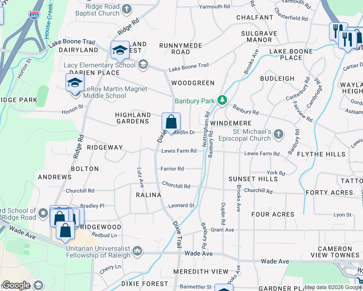 map of restaurants, bars, coffee shops, grocery stores, and more near 3059 Medlin Drive in Raleigh