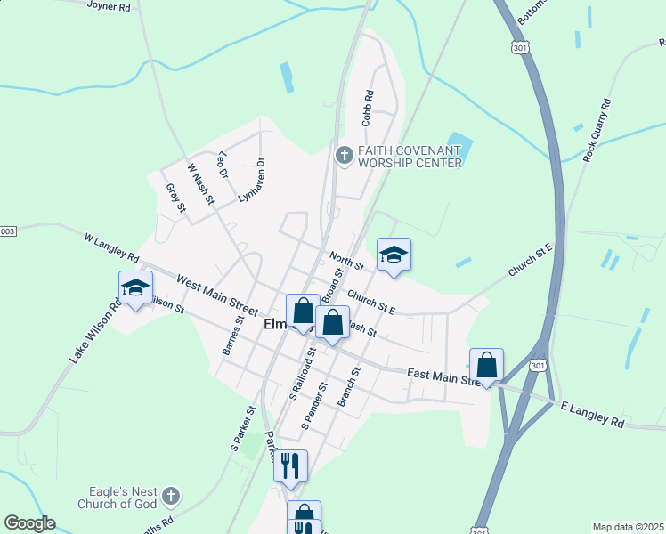 map of restaurants, bars, coffee shops, grocery stores, and more near 303 Broad Street in Elm City