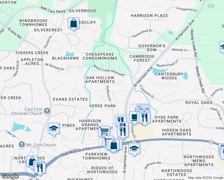 map of restaurants, bars, coffee shops, grocery stores, and more near 111 Wards Ridge Drive in Cary