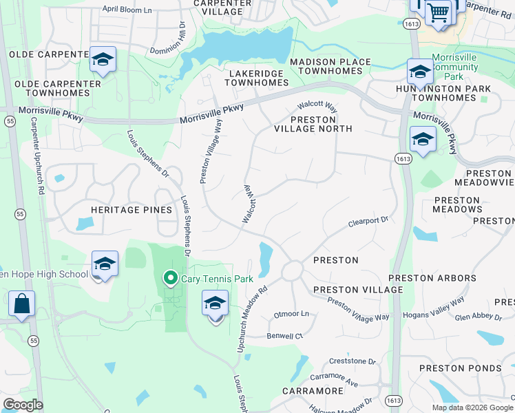 map of restaurants, bars, coffee shops, grocery stores, and more near 101 Bartica Court in Cary