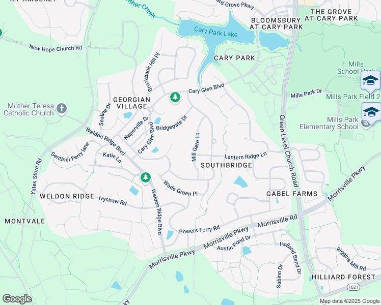 map of restaurants, bars, coffee shops, grocery stores, and more near 2028 Mill Gate Lane in Cary