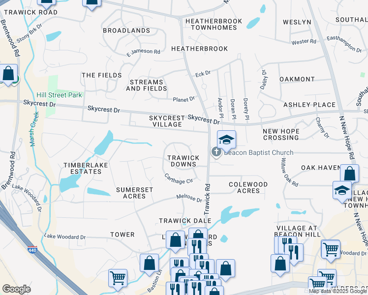 map of restaurants, bars, coffee shops, grocery stores, and more near 2205 Crampton Place in Raleigh