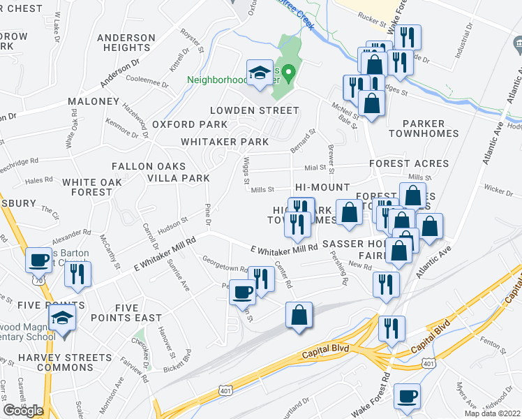 map of restaurants, bars, coffee shops, grocery stores, and more near 501 East Whitaker Mill Road in Raleigh