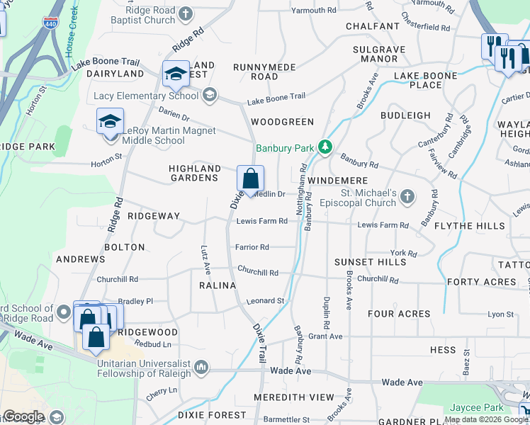 map of restaurants, bars, coffee shops, grocery stores, and more near 3059 Medlin Drive in Raleigh