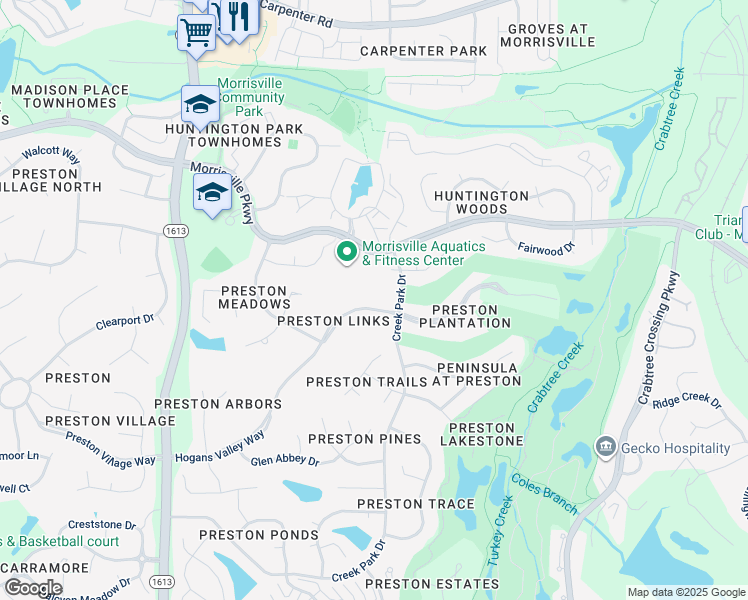 map of restaurants, bars, coffee shops, grocery stores, and more near 104 West Seve Court in Morrisville