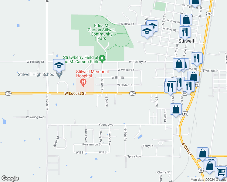 map of restaurants, bars, coffee shops, grocery stores, and more near 1015 West Locust Street in Stilwell