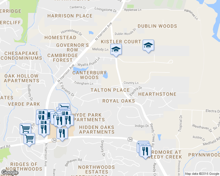 map of restaurants, bars, coffee shops, grocery stores, and more near 412 Mickey Lane in Cary