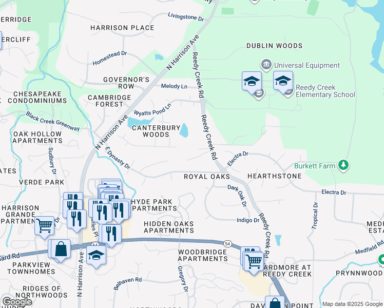 map of restaurants, bars, coffee shops, grocery stores, and more near 412 Mickey Lane in Cary