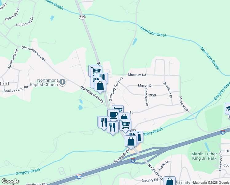 map of restaurants, bars, coffee shops, grocery stores, and more near 1710 South Chipley Ford Road in Statesville
