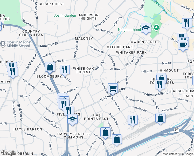 map of restaurants, bars, coffee shops, grocery stores, and more near 2117 Carroll Drive in Raleigh