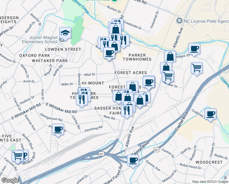 map of restaurants, bars, coffee shops, grocery stores, and more near 2030 Wake Forest Road in Raleigh