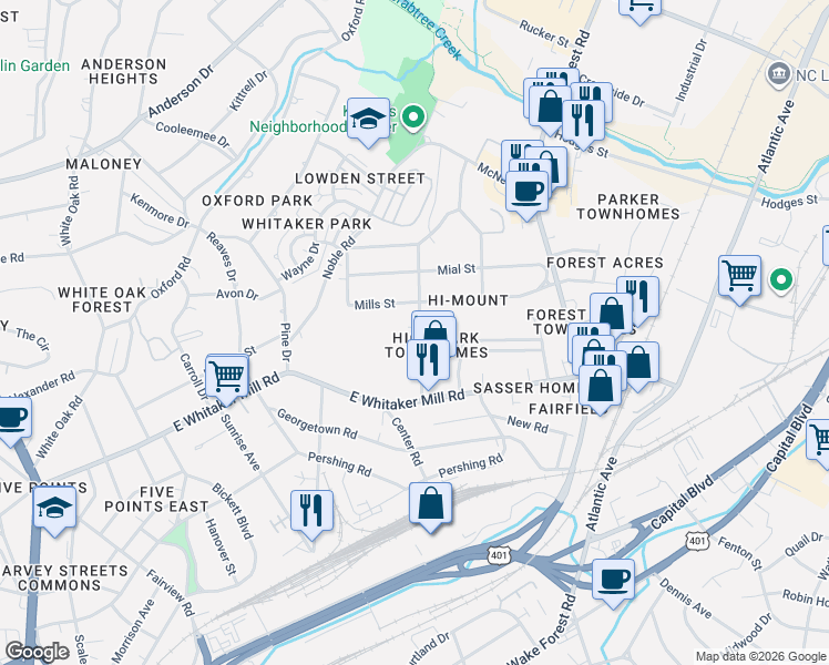 map of restaurants, bars, coffee shops, grocery stores, and more near 1951 Bernard Street in Raleigh