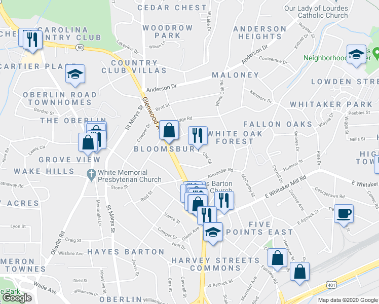 map of restaurants, bars, coffee shops, grocery stores, and more near 2254 The Circle in Raleigh