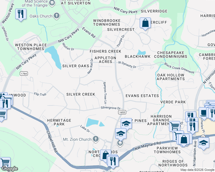 map of restaurants, bars, coffee shops, grocery stores, and more near 200 Banyon Tree Lane in Cary