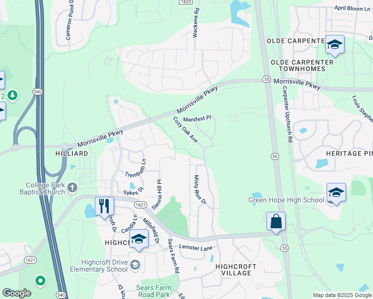 map of restaurants, bars, coffee shops, grocery stores, and more near 1321 Cozy Oak Avenue in Cary