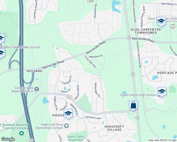 map of restaurants, bars, coffee shops, grocery stores, and more near 1307 Cozy Oak Avenue in Cary