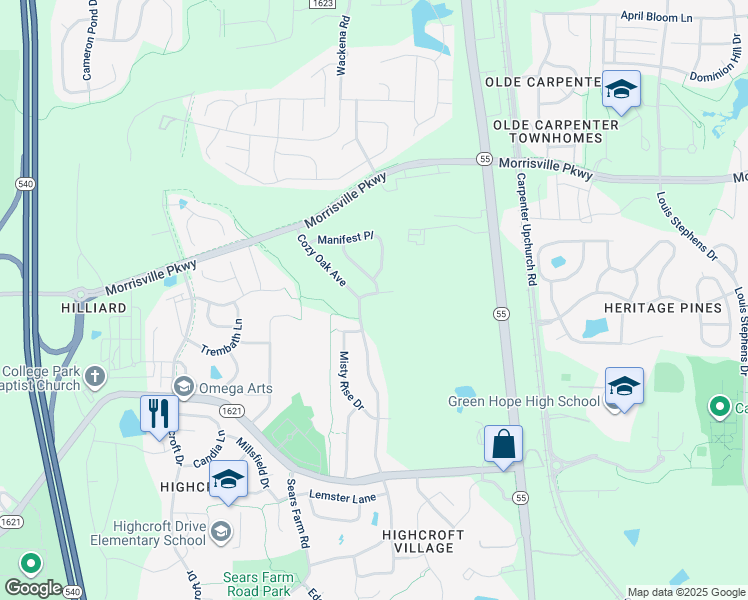 map of restaurants, bars, coffee shops, grocery stores, and more near 3408 Schooner Drive in Cary