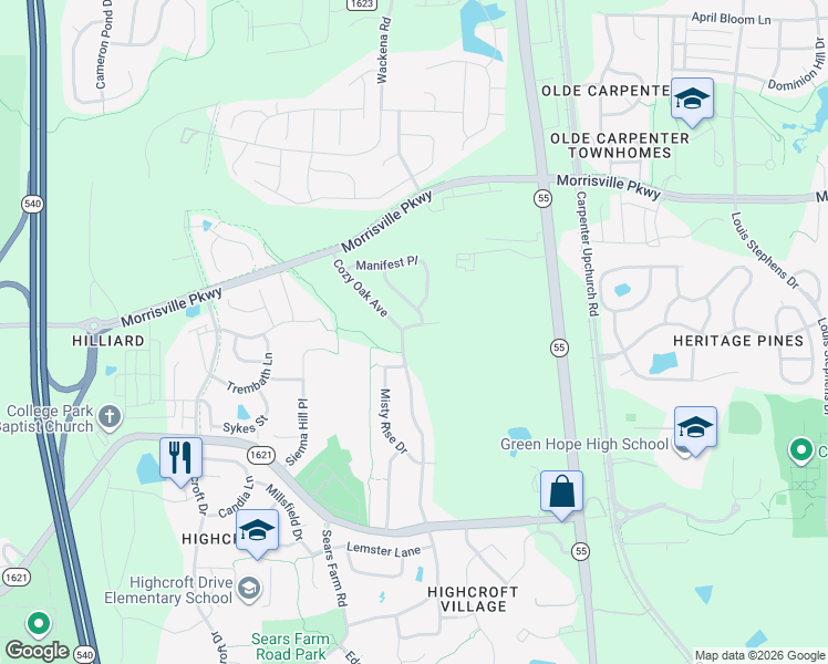 map of restaurants, bars, coffee shops, grocery stores, and more near 1201 Stowage Drive in Cary