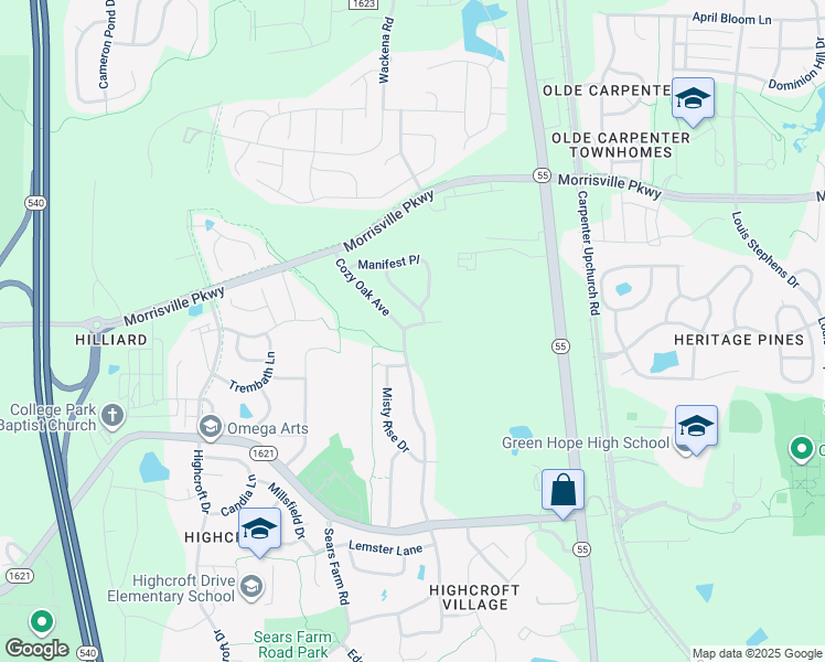 map of restaurants, bars, coffee shops, grocery stores, and more near 3408 Schooner Drive in Cary