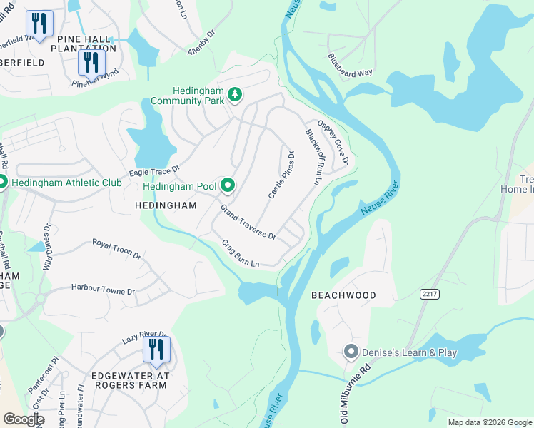 map of restaurants, bars, coffee shops, grocery stores, and more near 1944 Castle Pines Drive in Raleigh