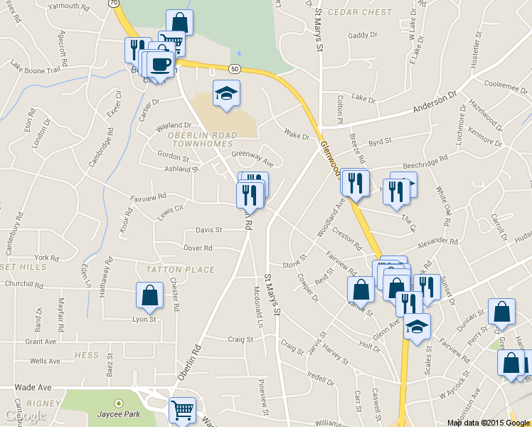 map of restaurants, bars, coffee shops, grocery stores, and more near 2505 Fairview Road in Raleigh