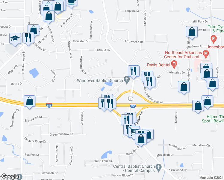 map of restaurants, bars, coffee shops, grocery stores, and more near 3426 Windover Garden Circle in Jonesboro