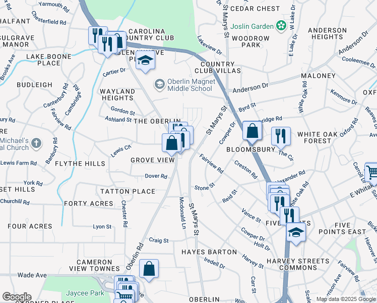 map of restaurants, bars, coffee shops, grocery stores, and more near 2505 Fairview Road in Raleigh