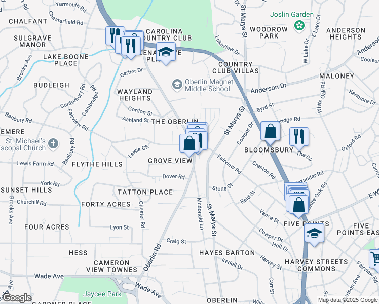 map of restaurants, bars, coffee shops, grocery stores, and more near 2601 Fairview Road in Raleigh