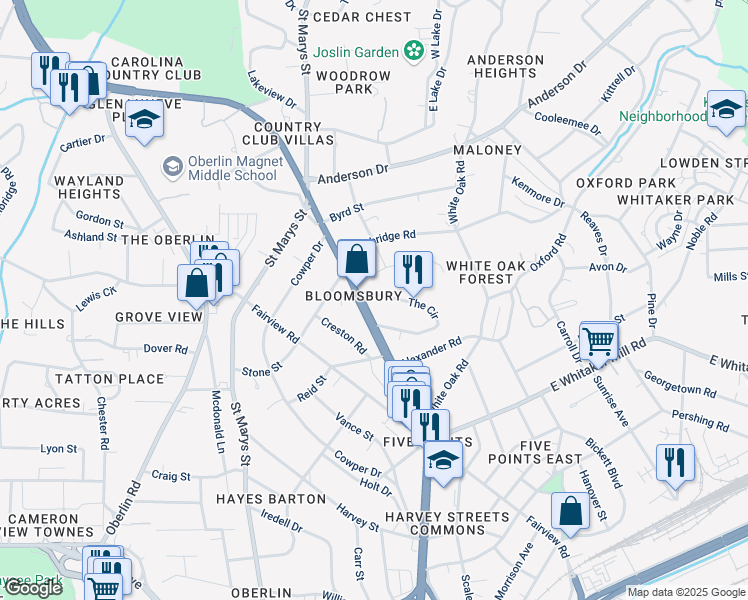 map of restaurants, bars, coffee shops, grocery stores, and more near 2270 The Circle in Raleigh