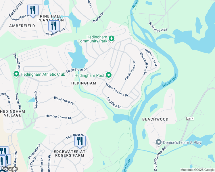 map of restaurants, bars, coffee shops, grocery stores, and more near 1940 Crag Burn Lane in Raleigh