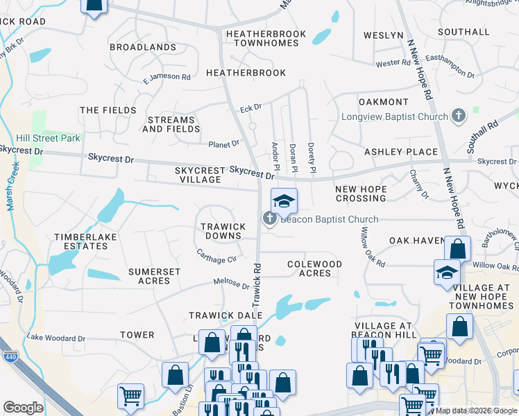 map of restaurants, bars, coffee shops, grocery stores, and more near 2105 Trawick Road in Raleigh