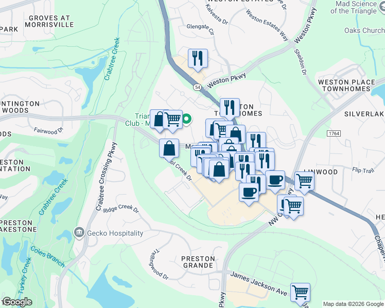 map of restaurants, bars, coffee shops, grocery stores, and more near 1006 Morrisville Parkway in Morrisville