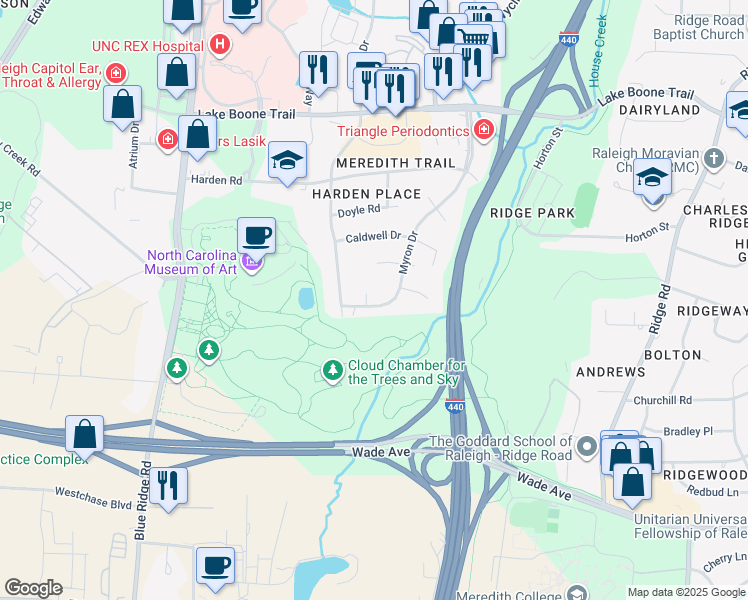 map of restaurants, bars, coffee shops, grocery stores, and more near 1915 Myron Drive in Raleigh