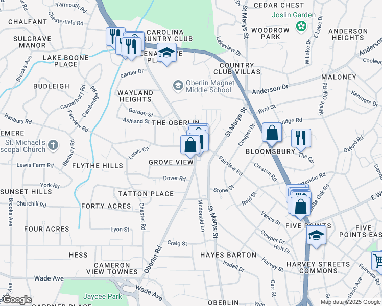 map of restaurants, bars, coffee shops, grocery stores, and more near 2601 Fairview Road in Raleigh