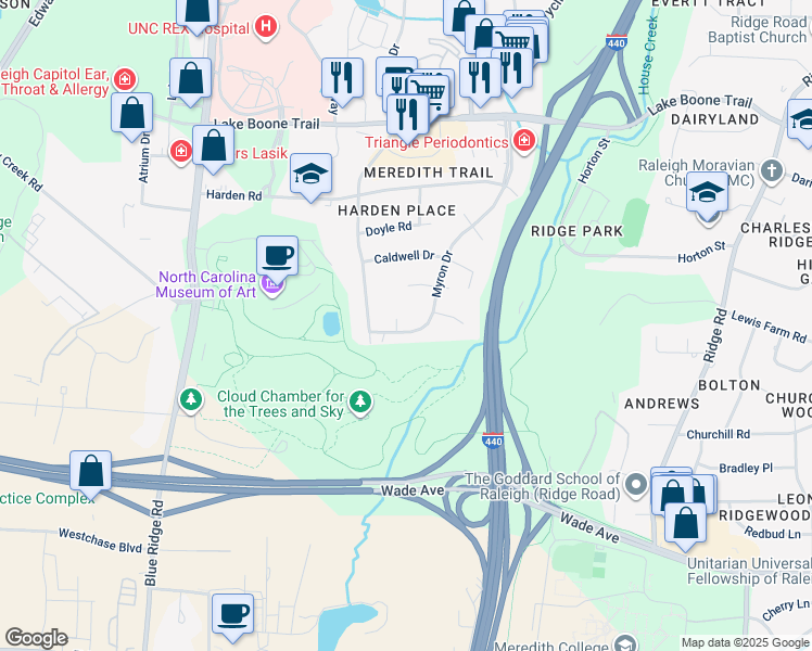 map of restaurants, bars, coffee shops, grocery stores, and more near 1915 Myron Drive in Raleigh