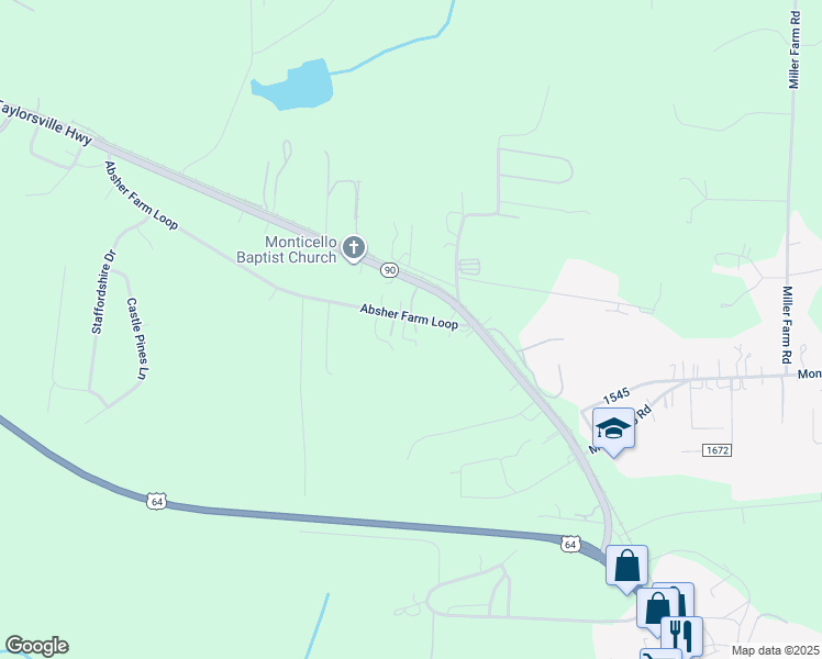 map of restaurants, bars, coffee shops, grocery stores, and more near 141 Absher Farm Loop in Statesville