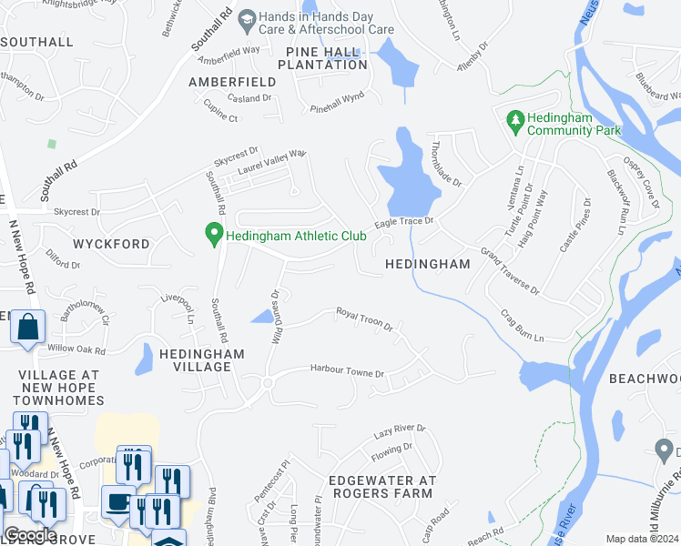 map of restaurants, bars, coffee shops, grocery stores, and more near 4740 Grand Cypress Court in Raleigh
