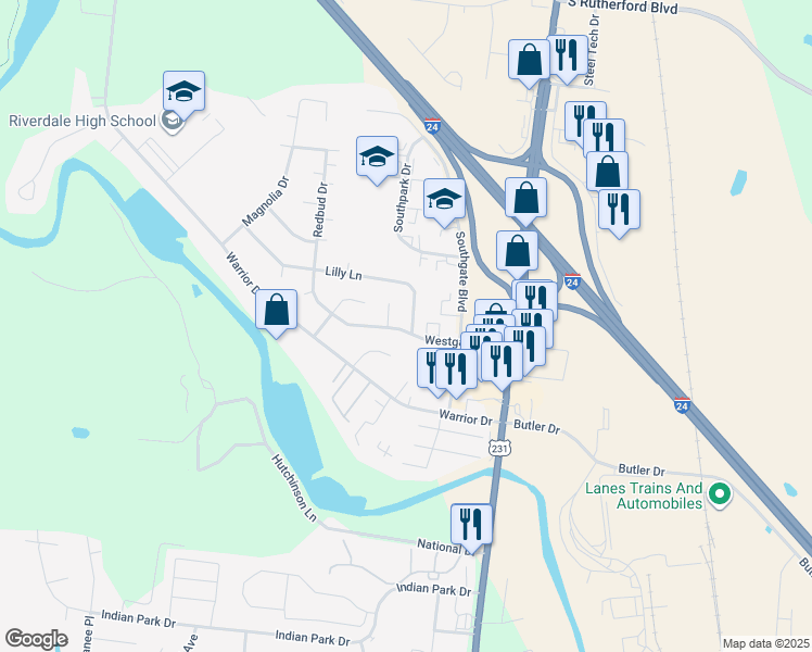 map of restaurants, bars, coffee shops, grocery stores, and more near 402 Westgate Boulevard in Murfreesboro