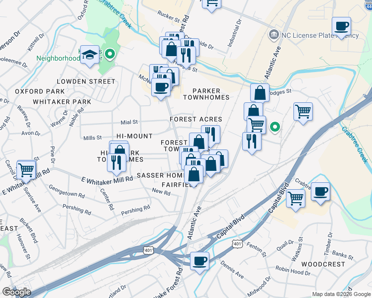 map of restaurants, bars, coffee shops, grocery stores, and more near 2030 Wake Forest Road in Raleigh