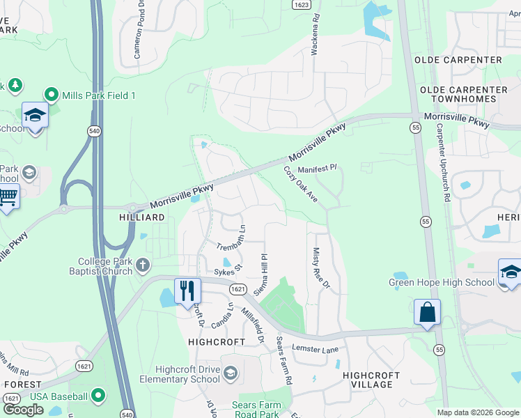 map of restaurants, bars, coffee shops, grocery stores, and more near 5624 Teversham Way in Cary