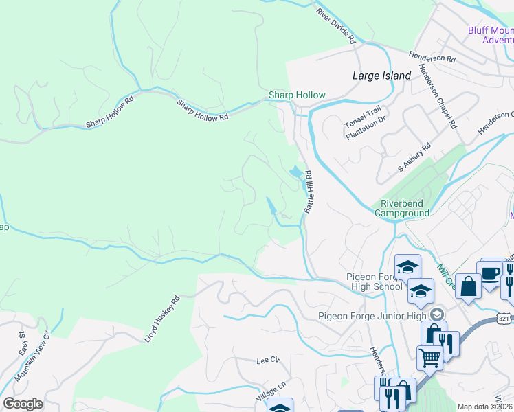 map of restaurants, bars, coffee shops, grocery stores, and more near 1252 Crestview Drive in Pigeon Forge