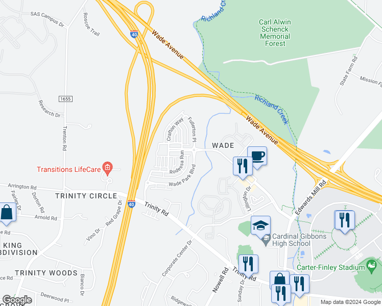 map of restaurants, bars, coffee shops, grocery stores, and more near 1434 Van Page Boulevard in Raleigh